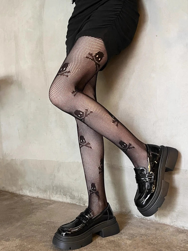 Skull Pattern Fishnet Tights