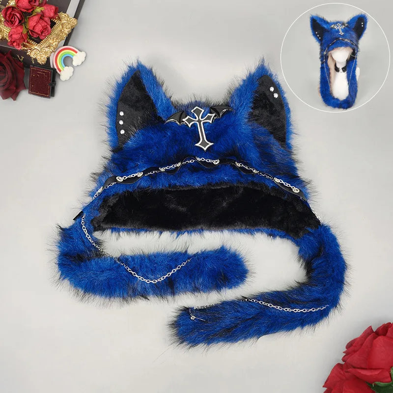 Furry Cat Ear Hat with Cross, Chains & Ear Flaps