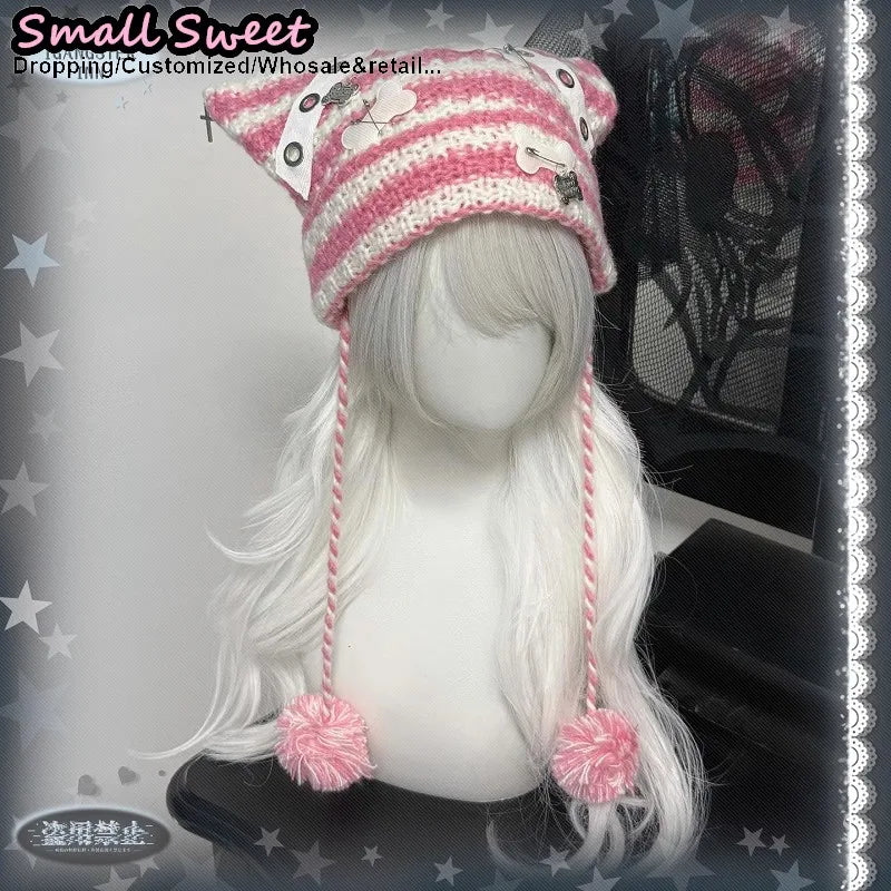 Cat Ear Ear-Flap Beanie with Pompoms
