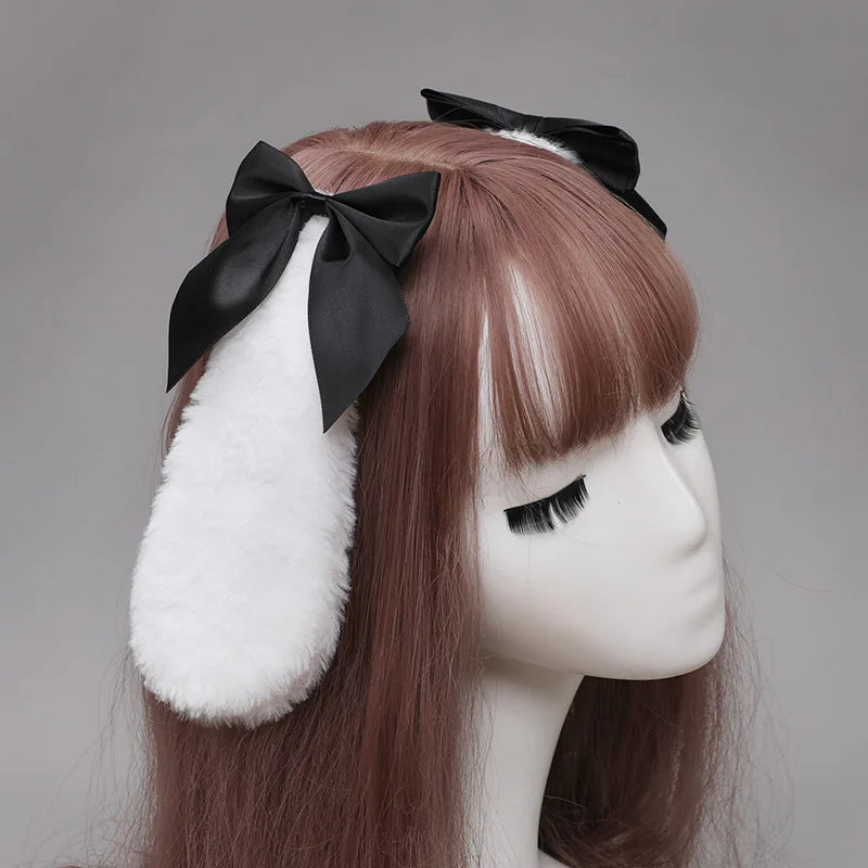 Fluffy Bunny Ear Hair Clips with Bow (Pair)