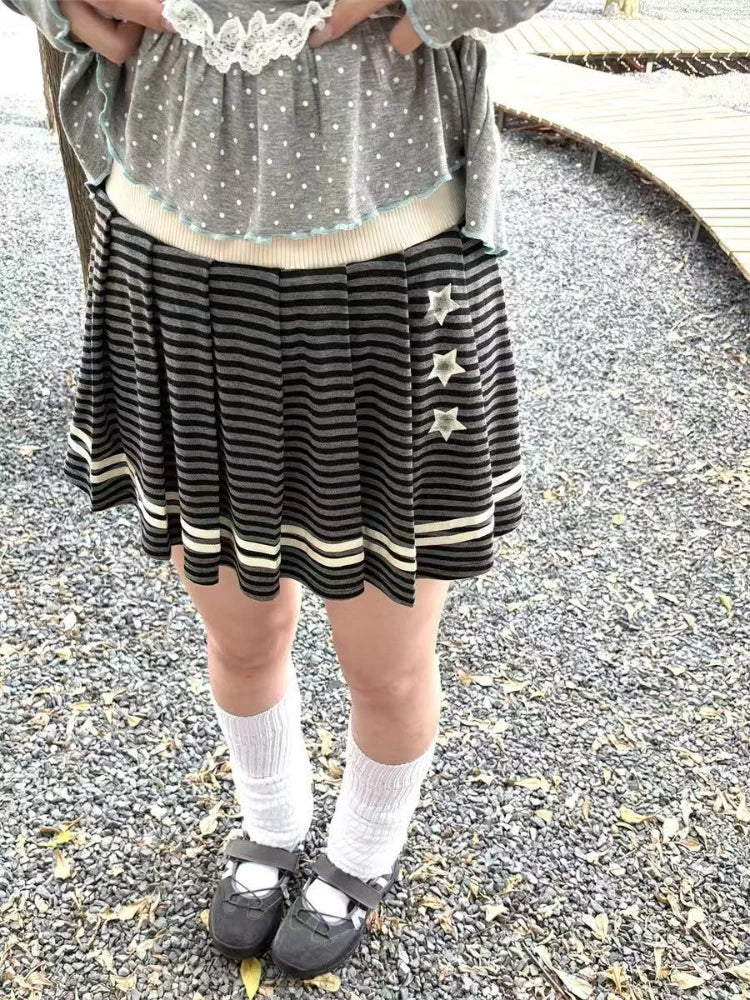 Grey Striped Pleated Mini Skirt with Stars