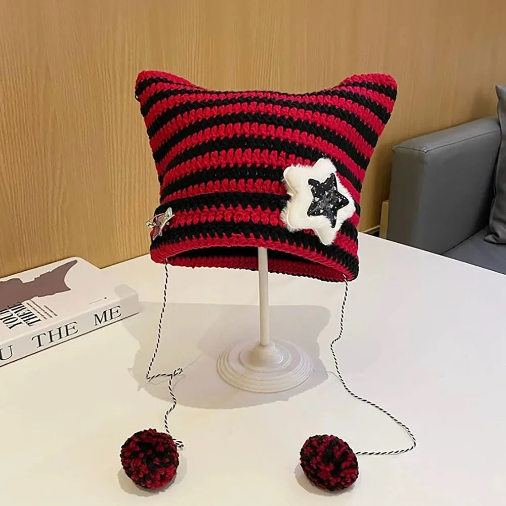 Devil Ear Striped Knit Beanie