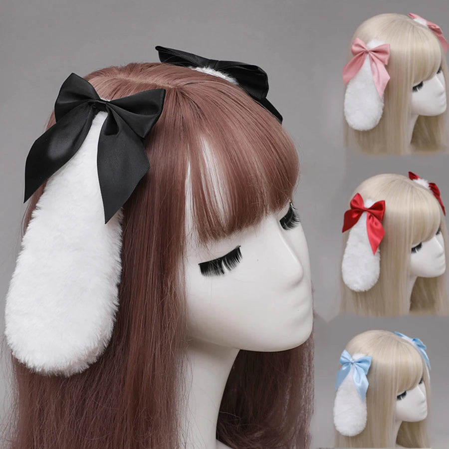 Fluffy Bunny Ear Hair Clips with Bow (Pair)