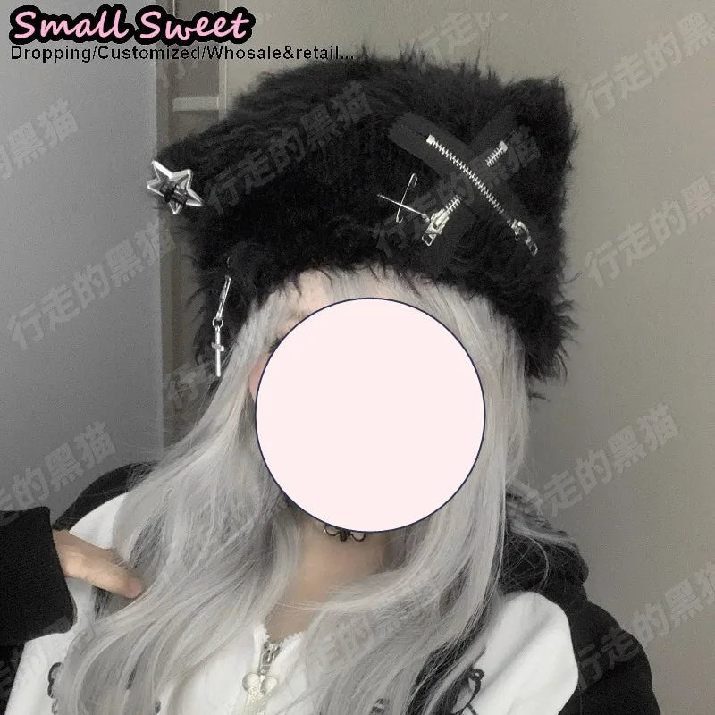Fuzzy Bear Ear Hat with Pins & Charms