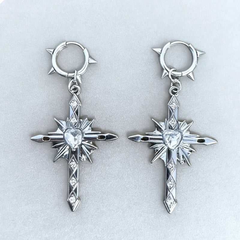Thorn Spiked Heart Cross Drop Earrings