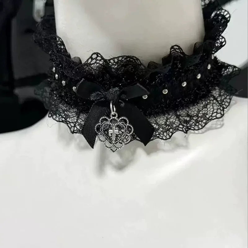Black Lace Bow Cross Choker
