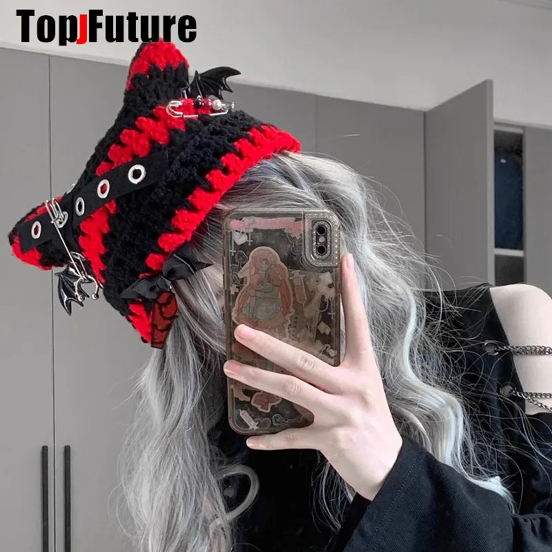 Crochet Cat Ear Beanie with Bat Wing Charms