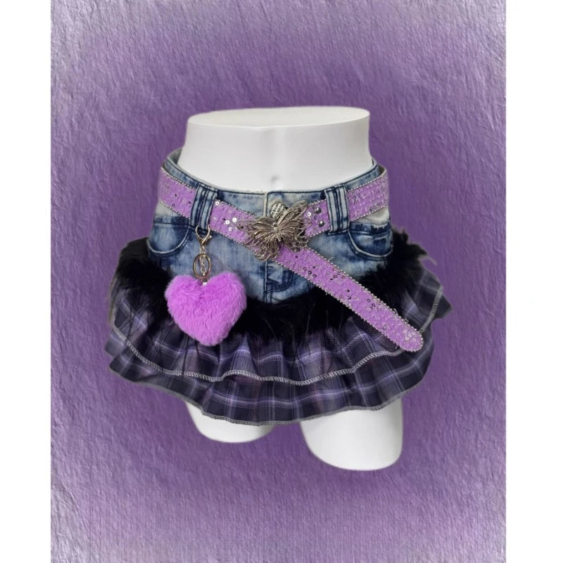Plaid Layered Ruffle Skirt with Butterfly Belt