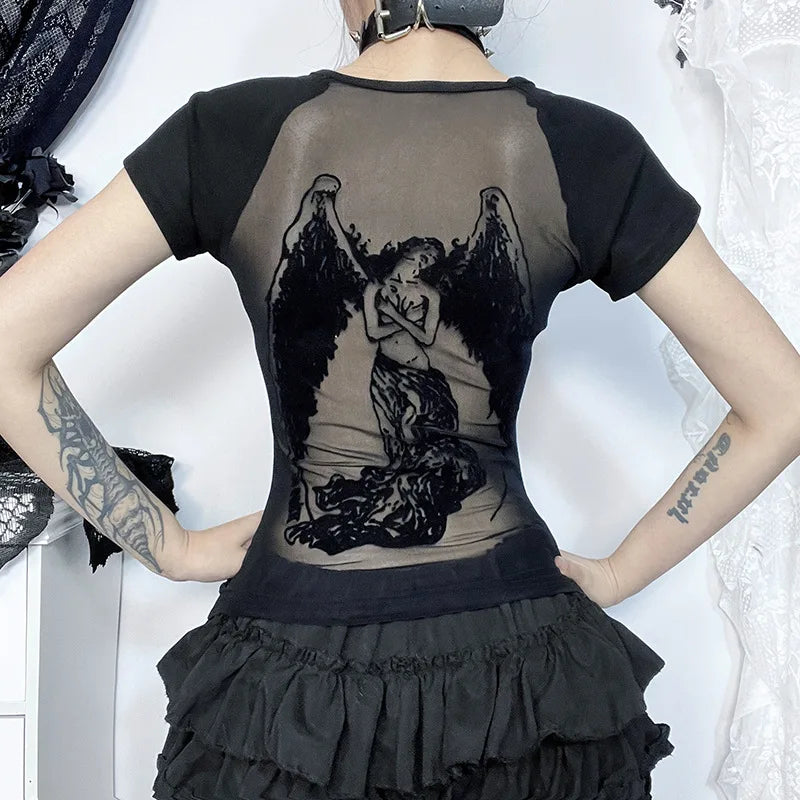 Angel Print Mesh Top - Tops & Dresses detail view 2 | Cute Splikes
