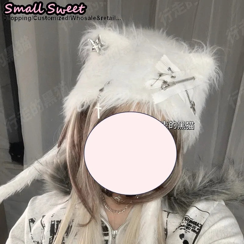 Fuzzy Bear Ear Hat with Pins & Charms