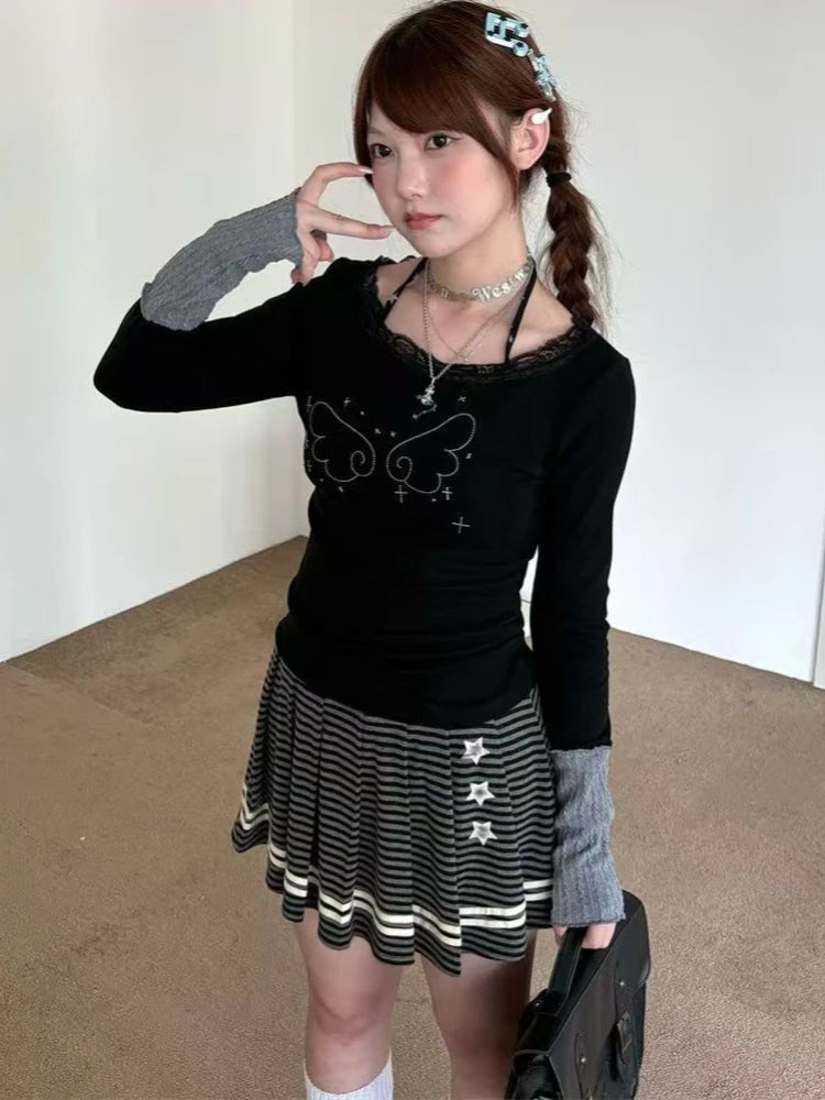 Grey Striped Pleated Mini Skirt with Stars