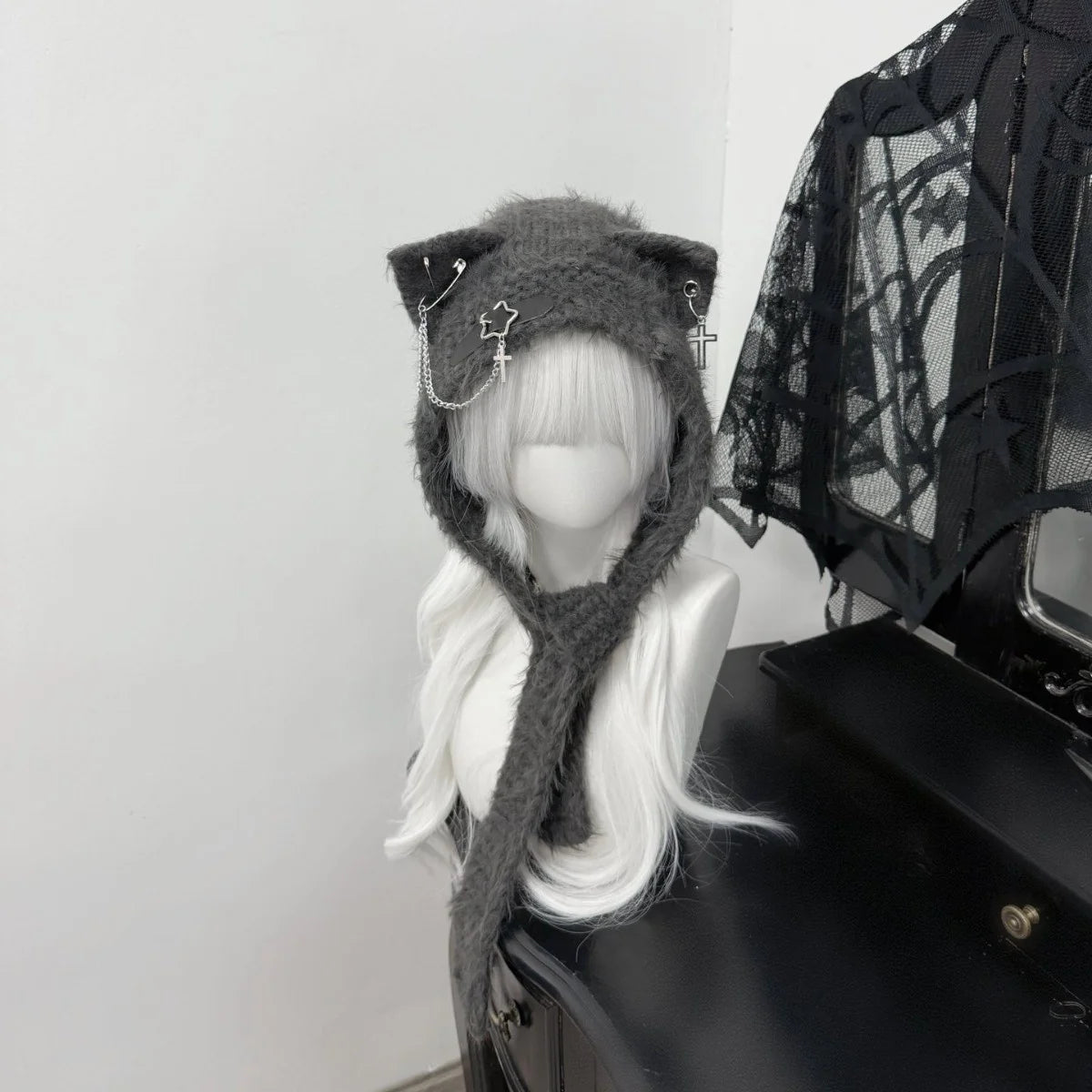 Fuzzy Cat Ear Hood Hat with Charms & Chain