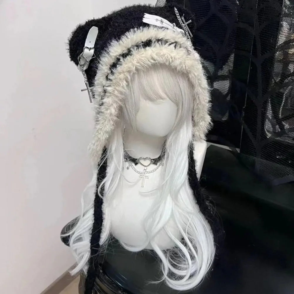 Fuzzy Bear Ear Hat with Chains & Cross