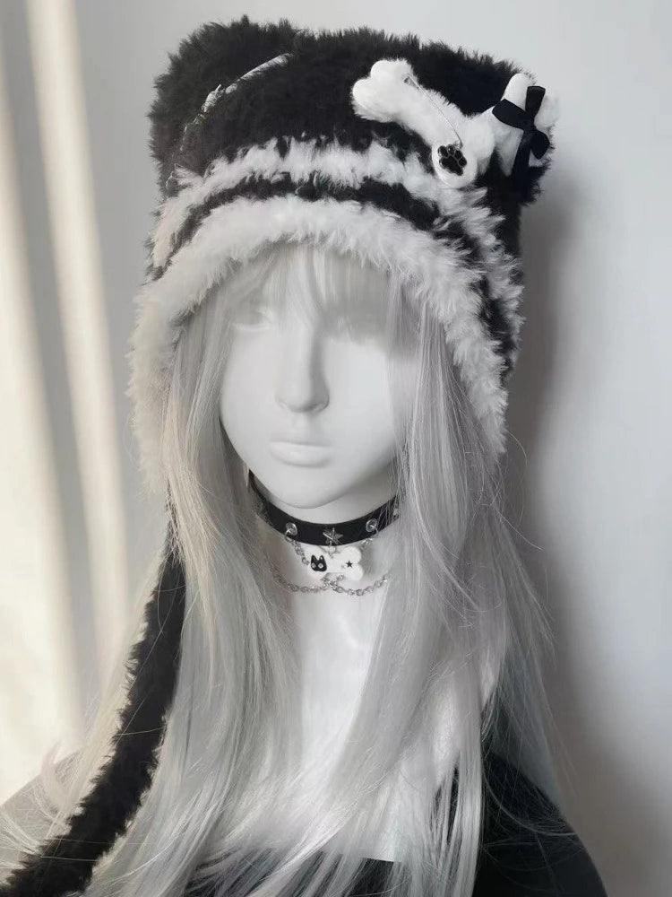 Fuzzy Bear Ear Hat with Chains & Cross