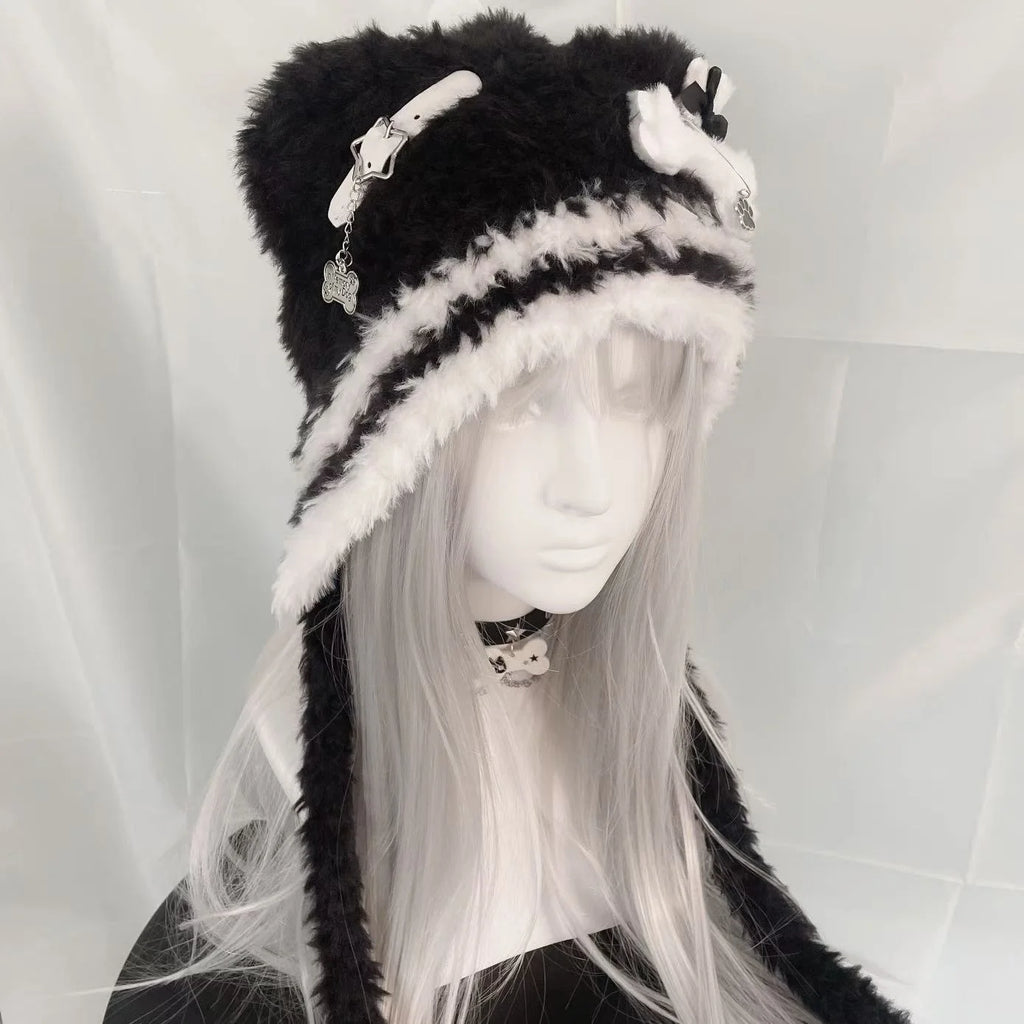 Fuzzy Bear Ear Hat with Chains & Cross