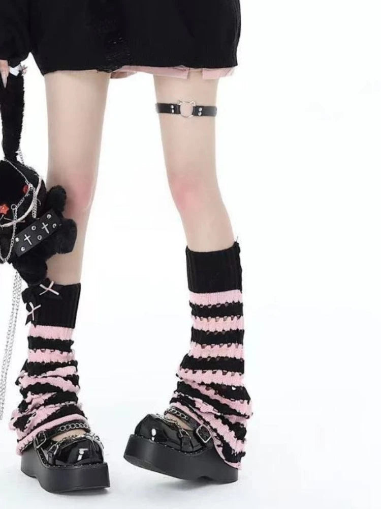 Striped Open-Knit Flare Leg Warmers with Bow