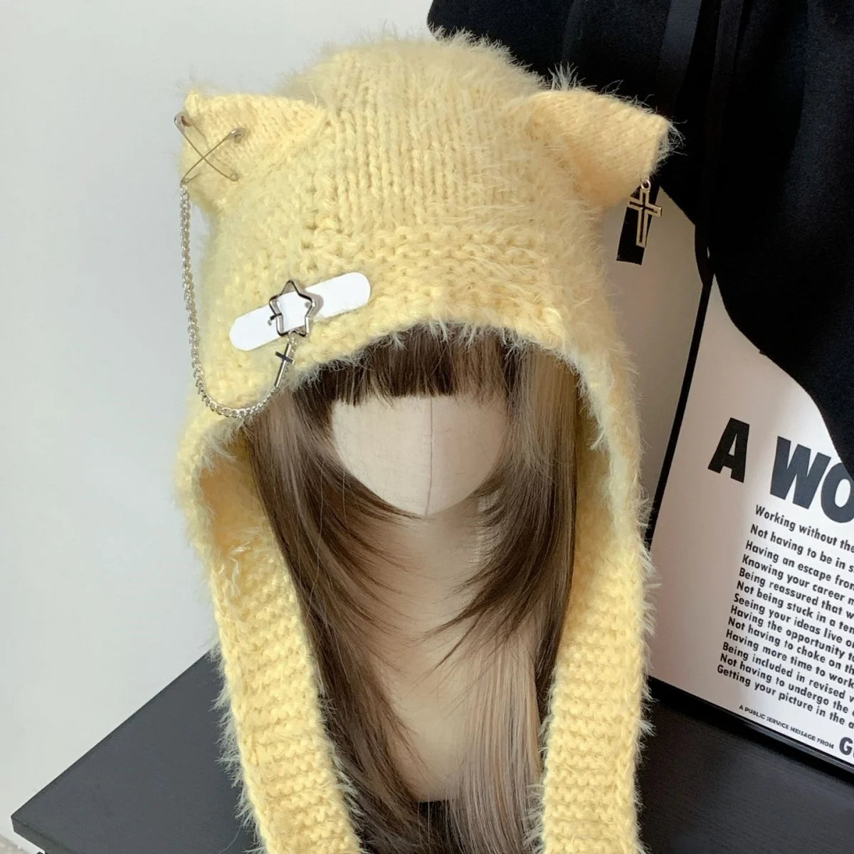 Fuzzy Cat Ear Hood Hat with Charms & Chain