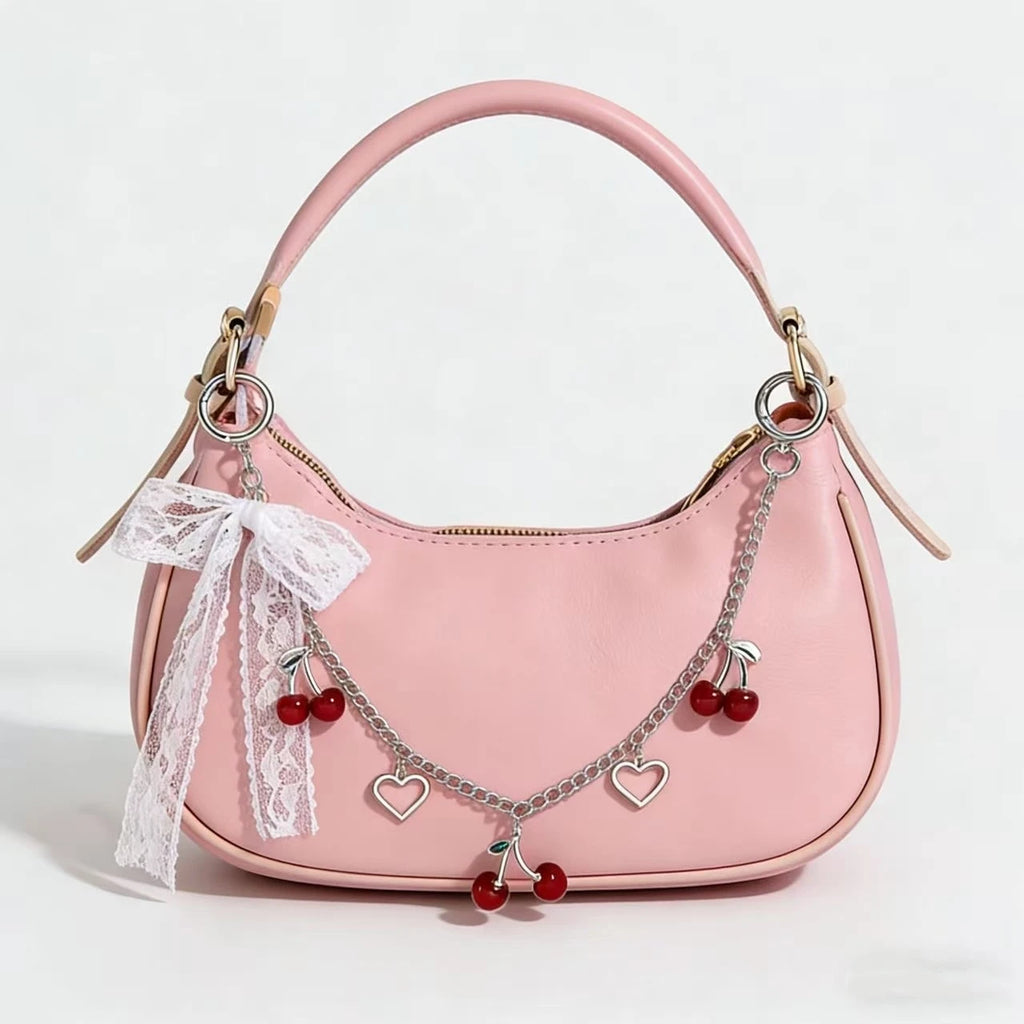 Y2K Cherry Bag Chain with Lace Bow, Heart Charm Metal Purse Strap, Aesthetic Bag Accessory for Women Girls