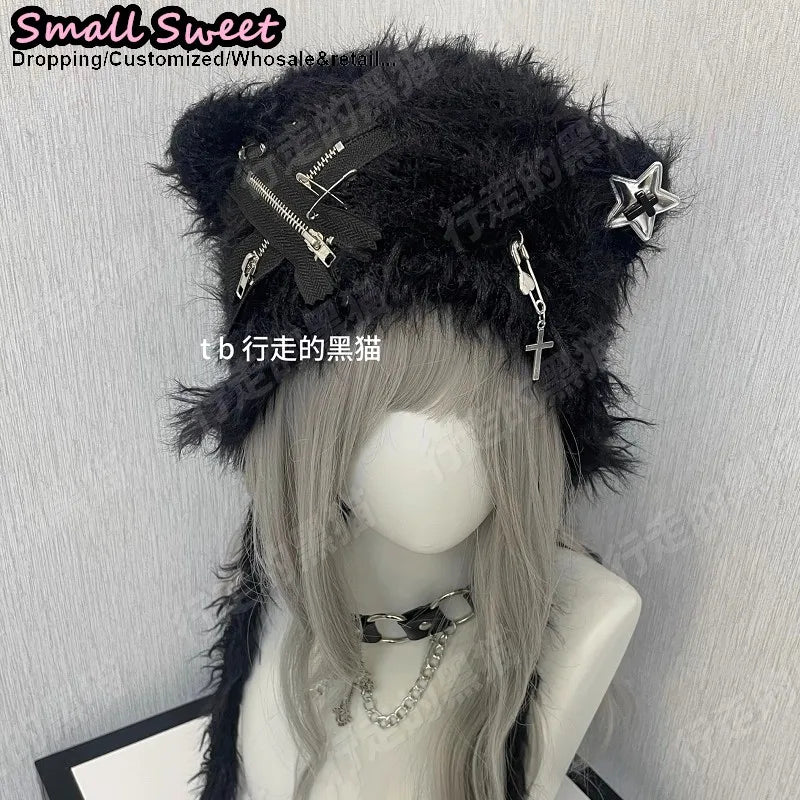 Fuzzy Bear Ear Hat with Pins & Charms