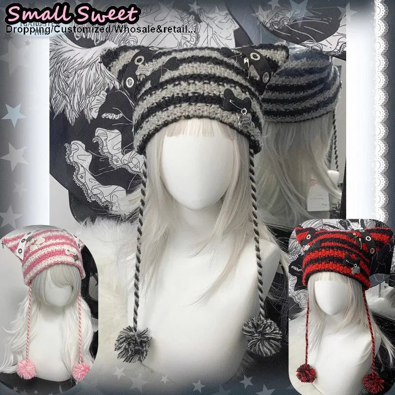 Cat Ear Ear-Flap Beanie with Pompoms
