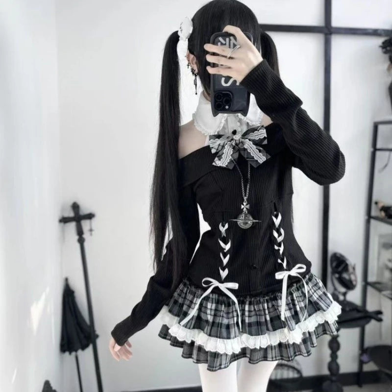 Sweet Y2K Lolita Skirt Set – Knit Off-Shoulder Top & Plaid Mini Skirt