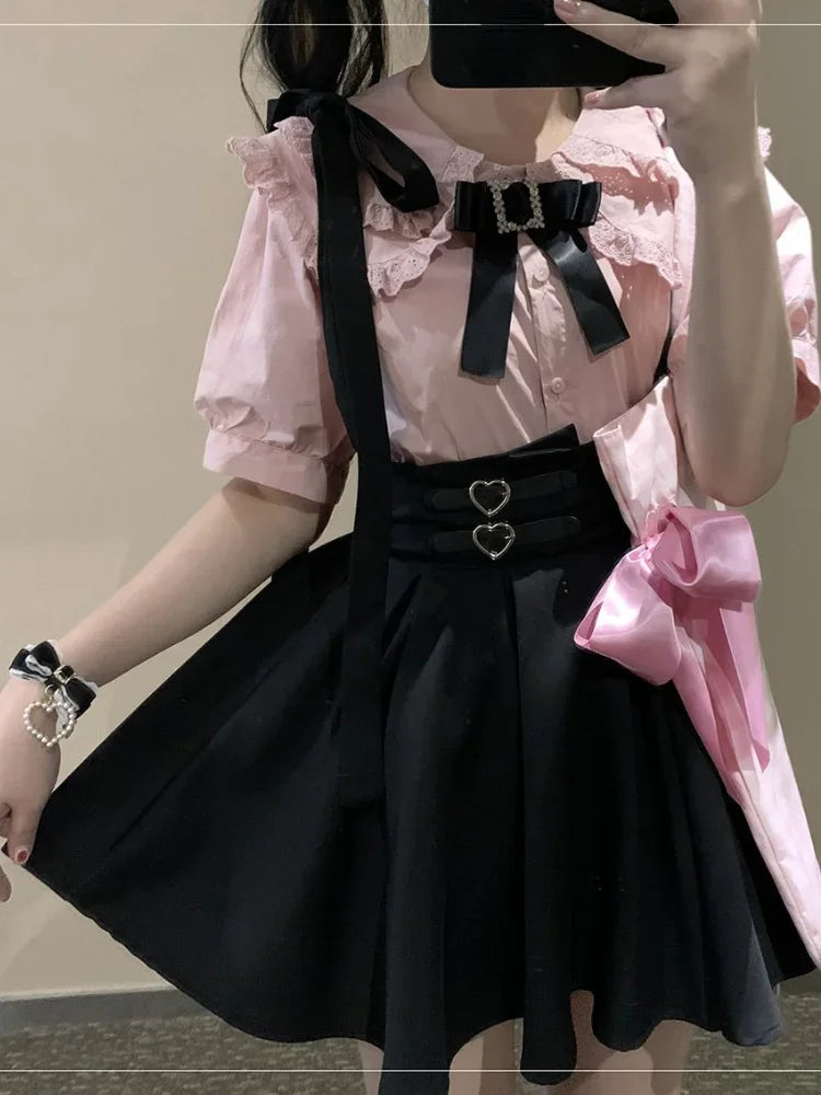 High-Waist Suspender Pleated Mini Skirt