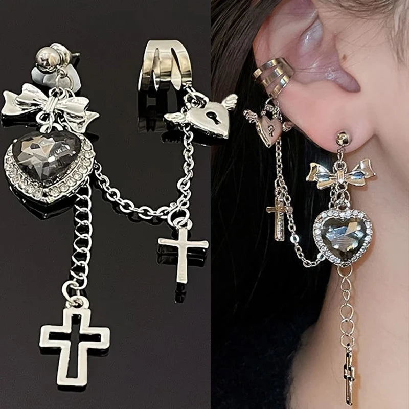 Punk Gothic Black Crystal Heart Cross Chain Earring for Men Women Hip Hop Metal Cross Ear Clip on Earrings Girls Jewelry Gifts
