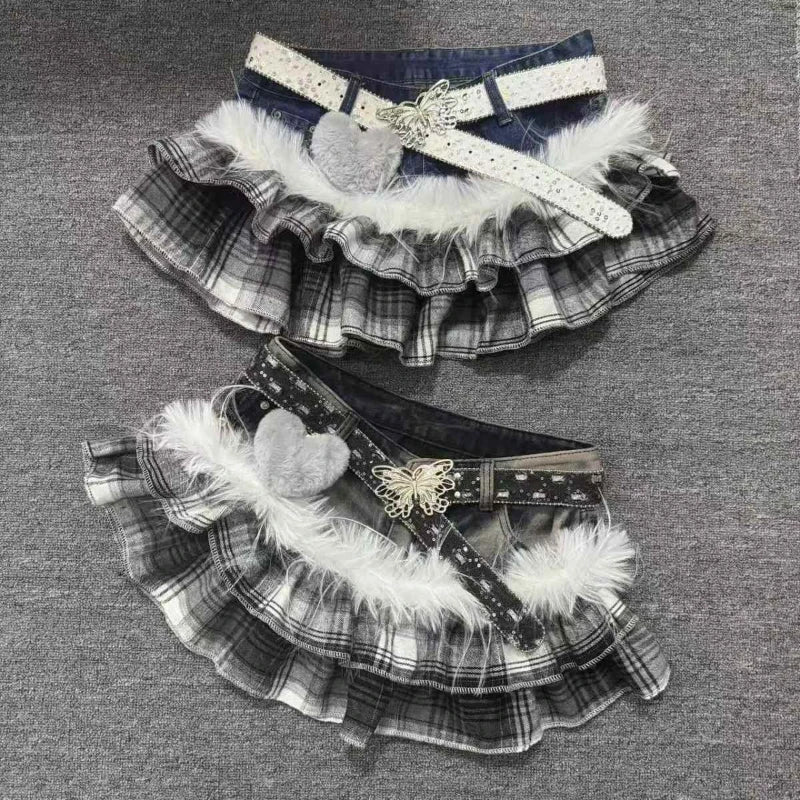 Grey Plaid Denim Ruffle Skirt with Fur Trim
