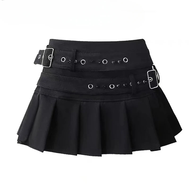 Double Belt Pleated Micro Mini Skirt