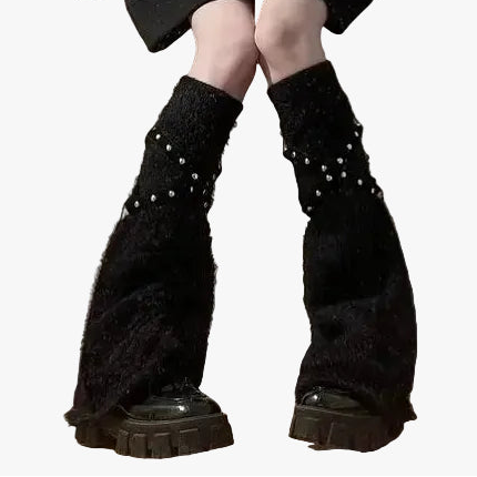 Fuzzy Knit Leg Warmers with Studded Straps