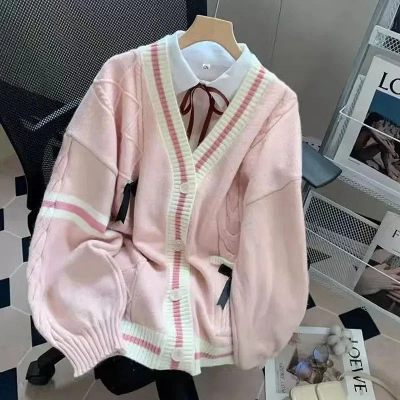 Pink Bow Varsity Knit Cardigan