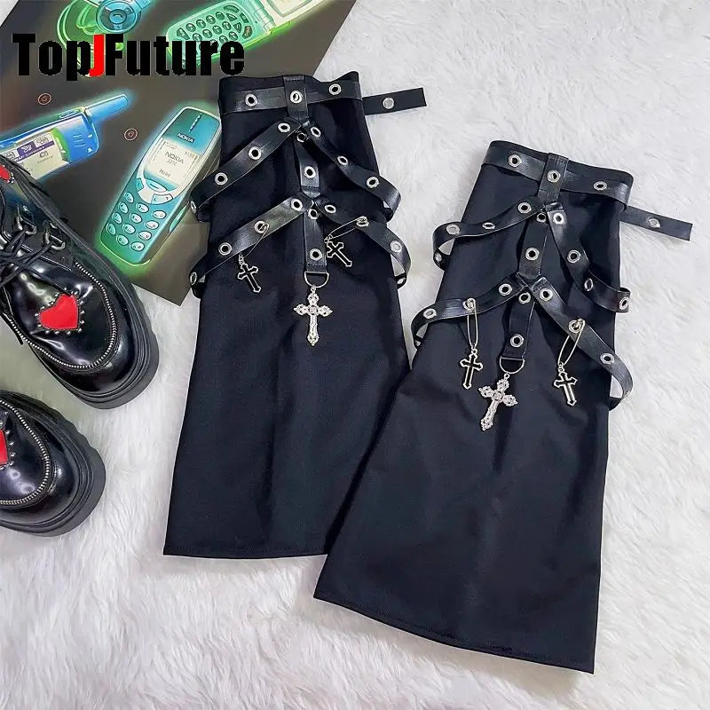 Eyelet Strap Leg Warmers with Cross Charms