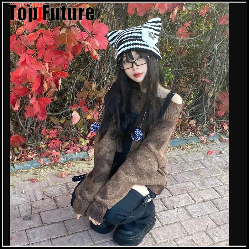 Striped Cat Ear Knit Beanie with Pompom Braids