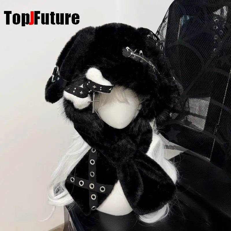 Furry Bunny Ear Hat with Star Band & Cross