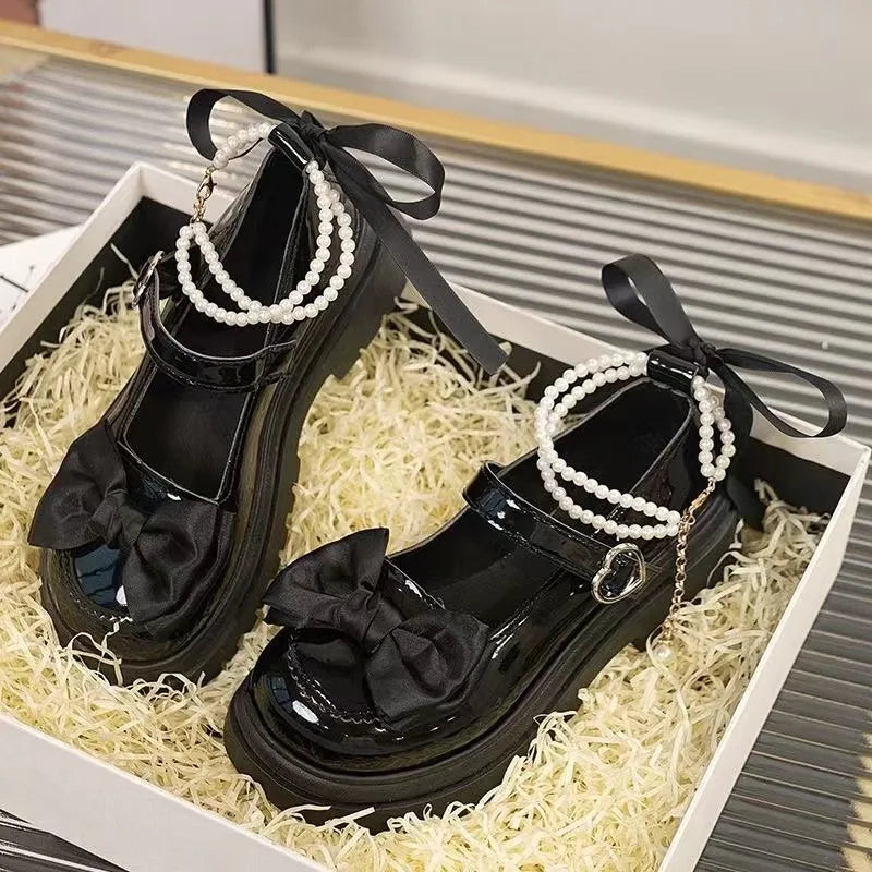 Heart Buckle Bow & Pearl Chain Mary Janes