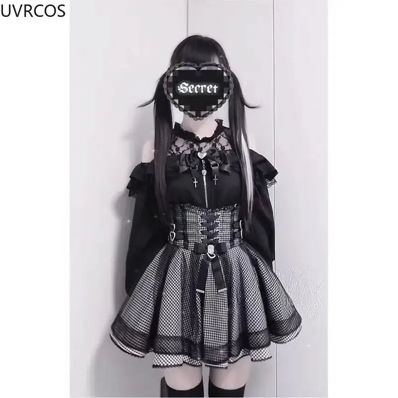 Gothic Y2K Lolita Skirt Set – Lace Off-Shoulder Top & Plaid Skirt