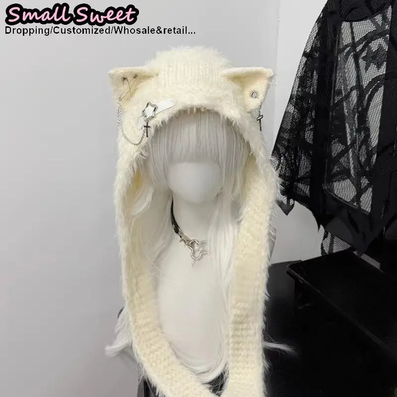 Knit Cat Ear Hood Hat with Scarf Ties