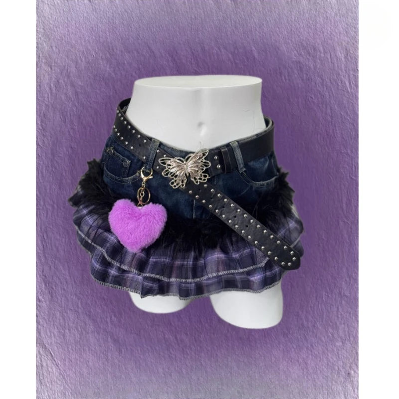 Plaid Layered Ruffle Skirt with Butterfly Belt