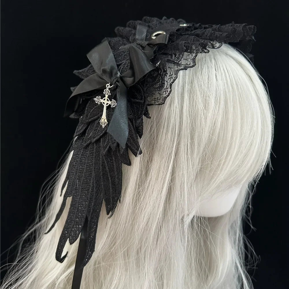 New Lolita Cat Ears Headband Bow Lace Head Wrap Cosplay Headdress Hair Accessories