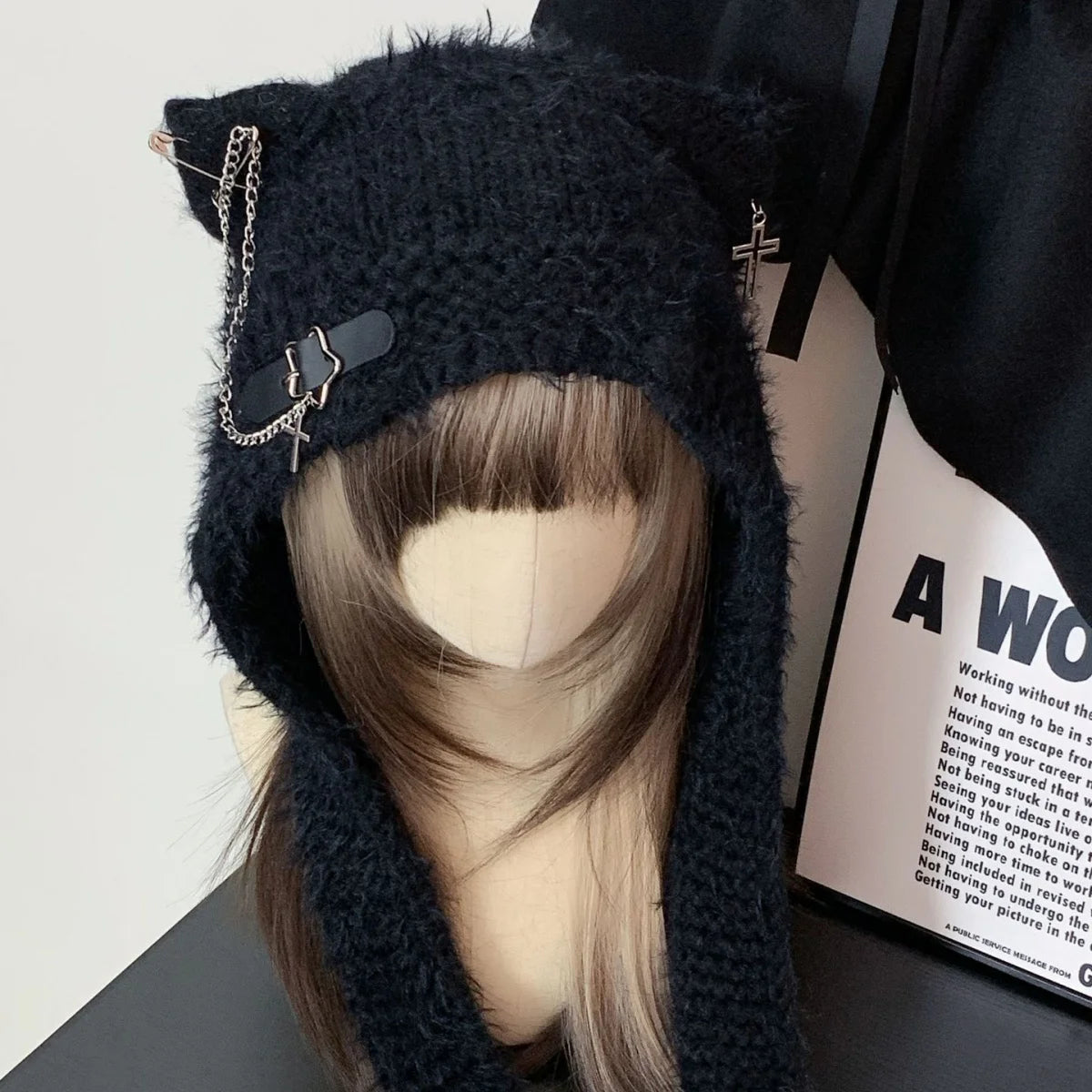 Fuzzy Cat Ear Hood Hat with Charms & Chain
