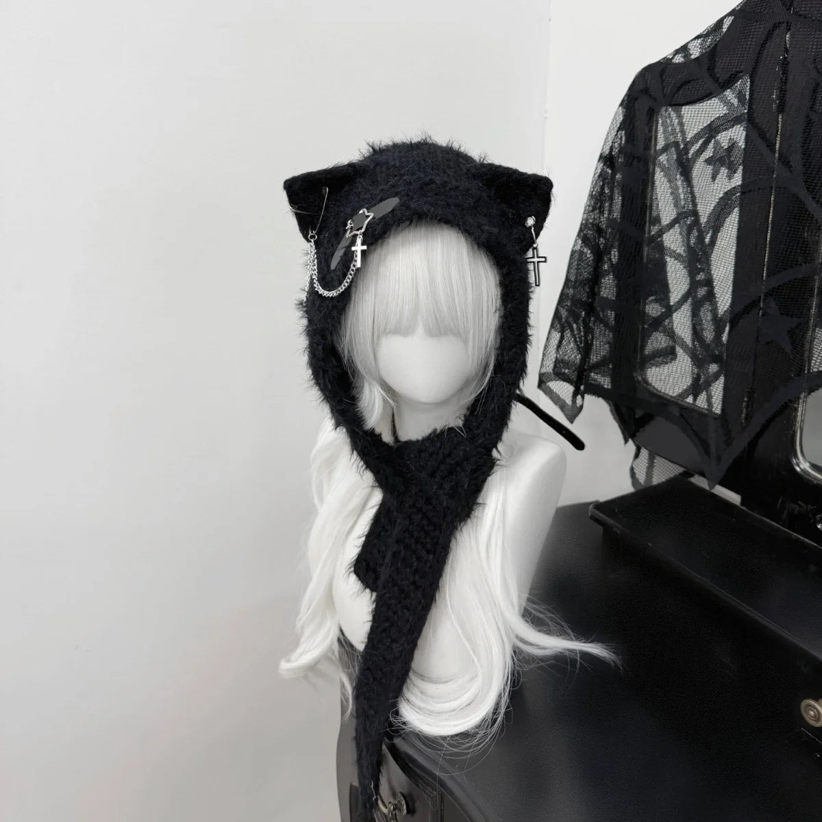Fuzzy Cat Ear Hood Hat with Charms & Chain