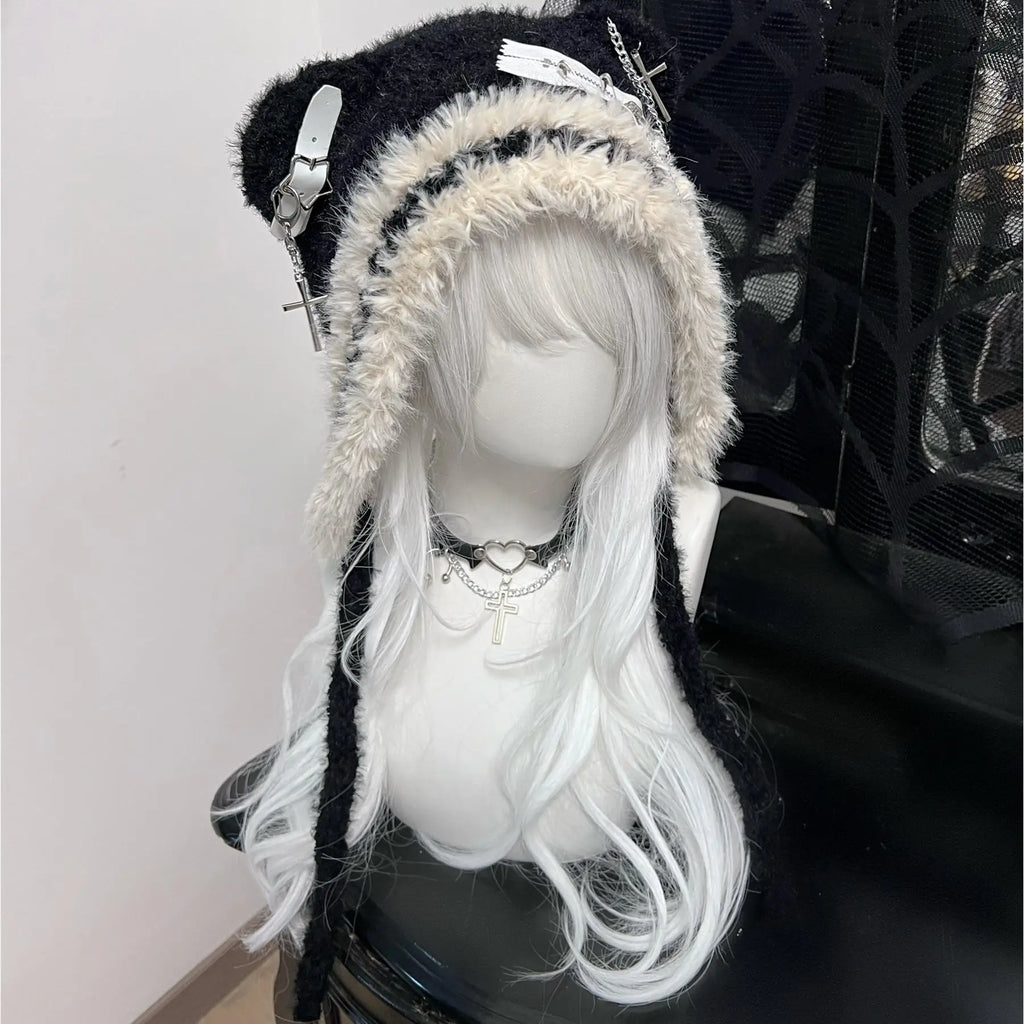 Fuzzy Bear Ear Knit Beanie with Chains & Cross