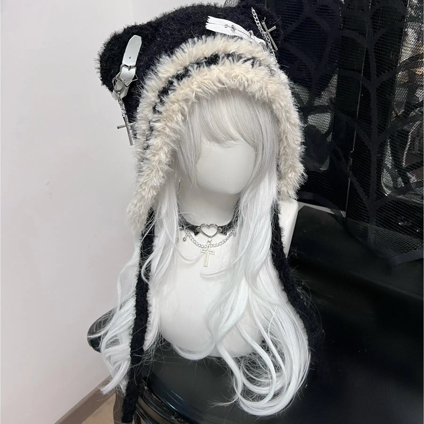 Fuzzy Bear Ear Knit Beanie with Chains & Cross