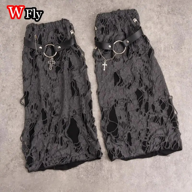 Ripped Distressed Leg Warmers with Cross Charm
