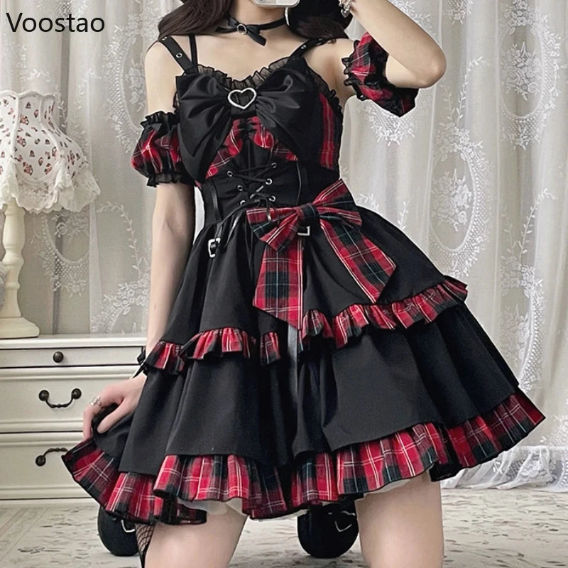 Gothic Punk Lolita JSK Dress – Victorian Plaid Bow Mini Dress