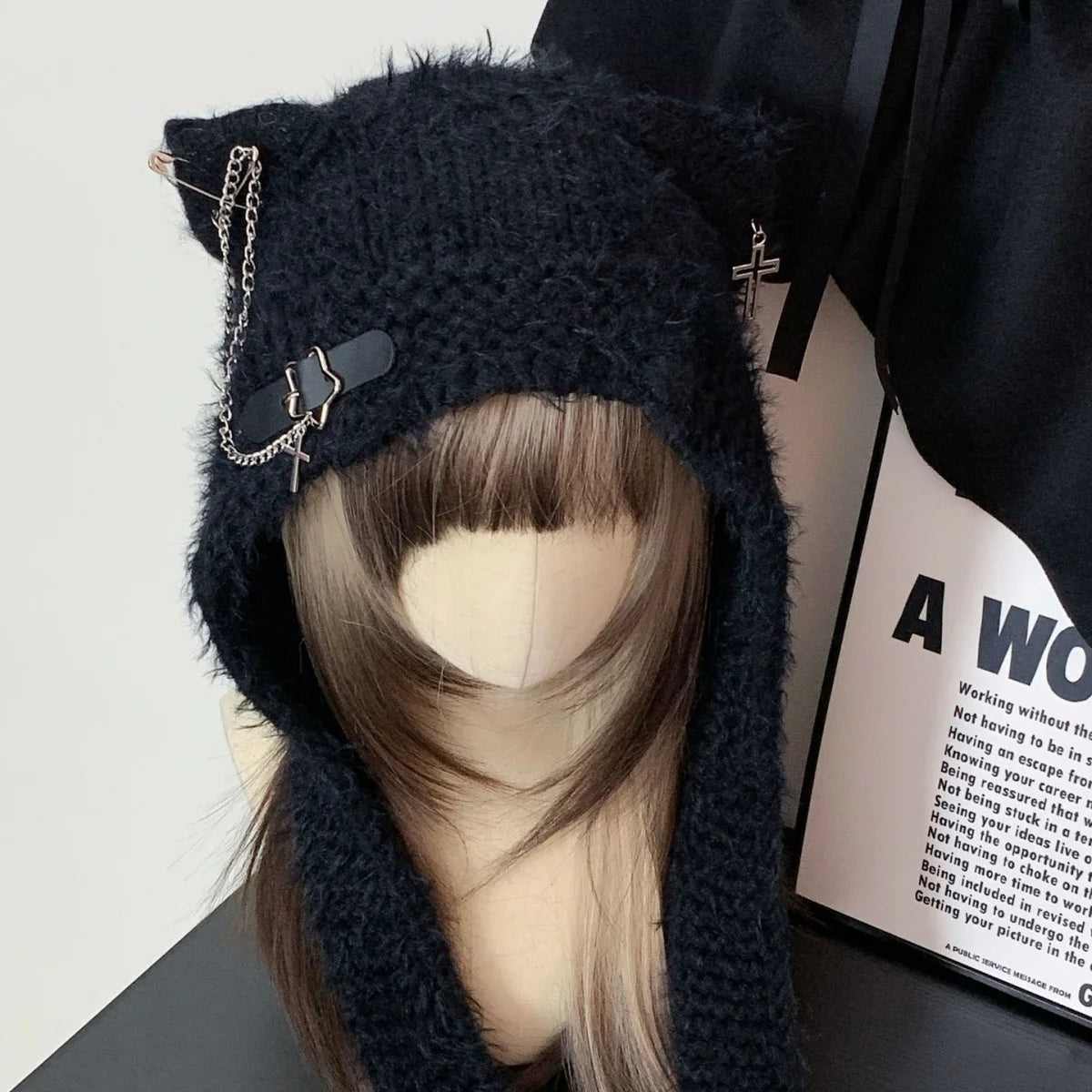 Fuzzy Cat Ear Hood Hat with Charms & Chain