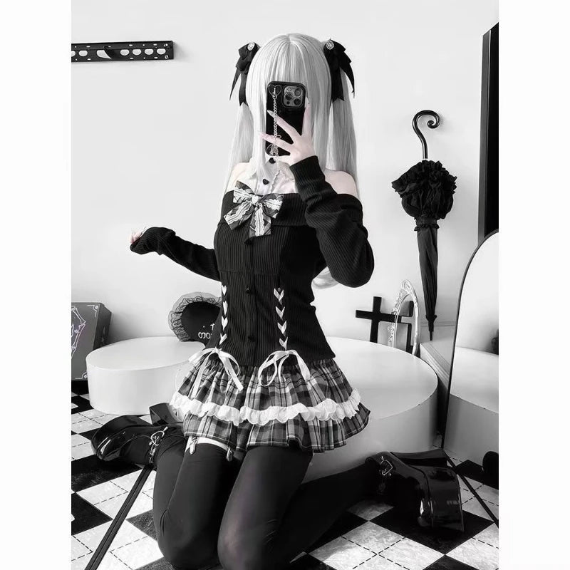 Sweet Y2K Lolita Skirt Set – Knit Off-Shoulder Top & Plaid Mini Skirt