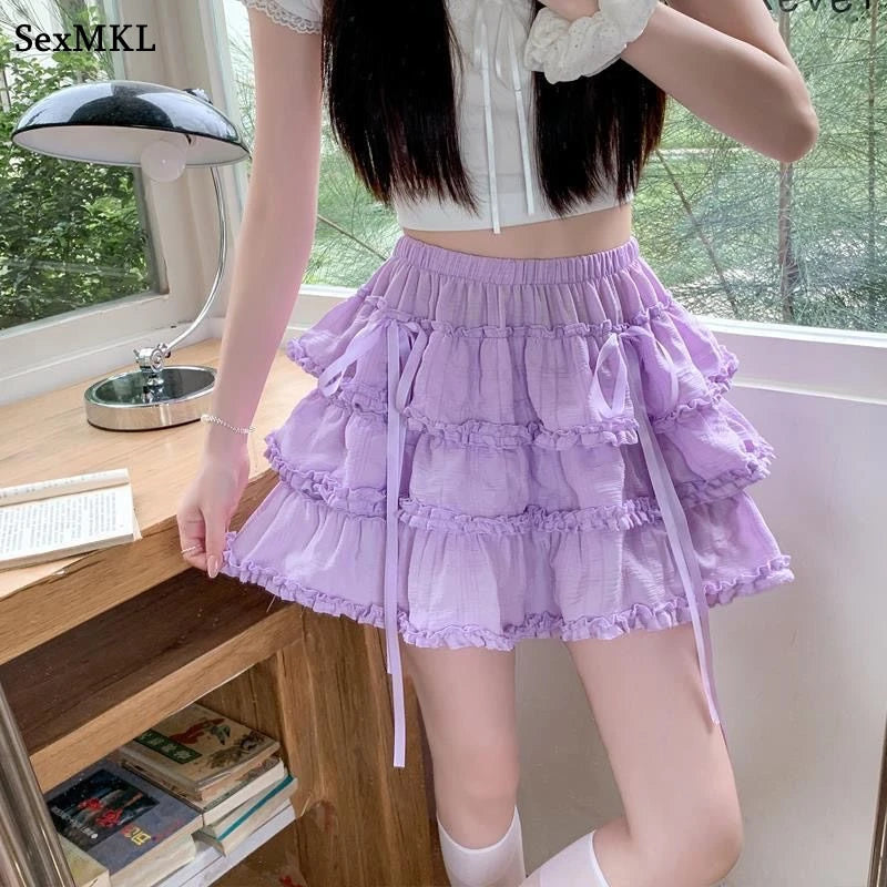 Tiered Ruffle Cake Mini Skirt with Ribbon Ties
