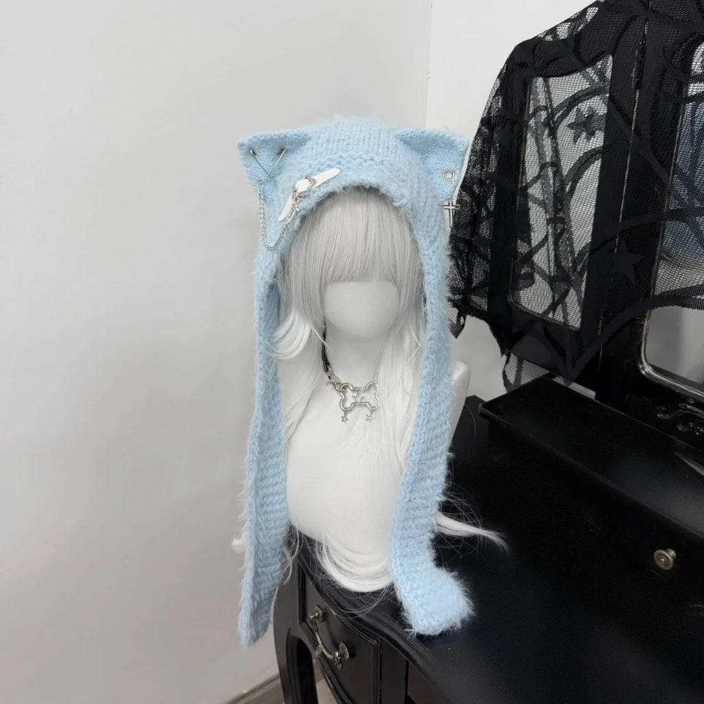 Fuzzy Cat Ear Hood Hat with Charms & Chain
