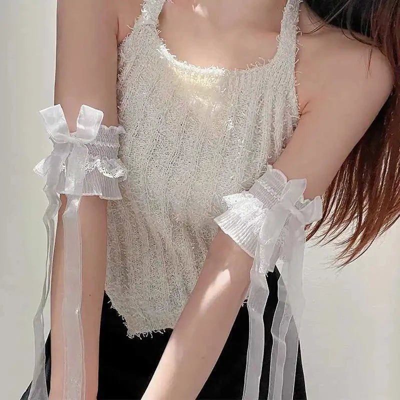 Lace Bow Ribbon Arm Sleeves - Gloves & Arm Warmers for Jirai Kei, gothic & kawaii style | Cute Splikes